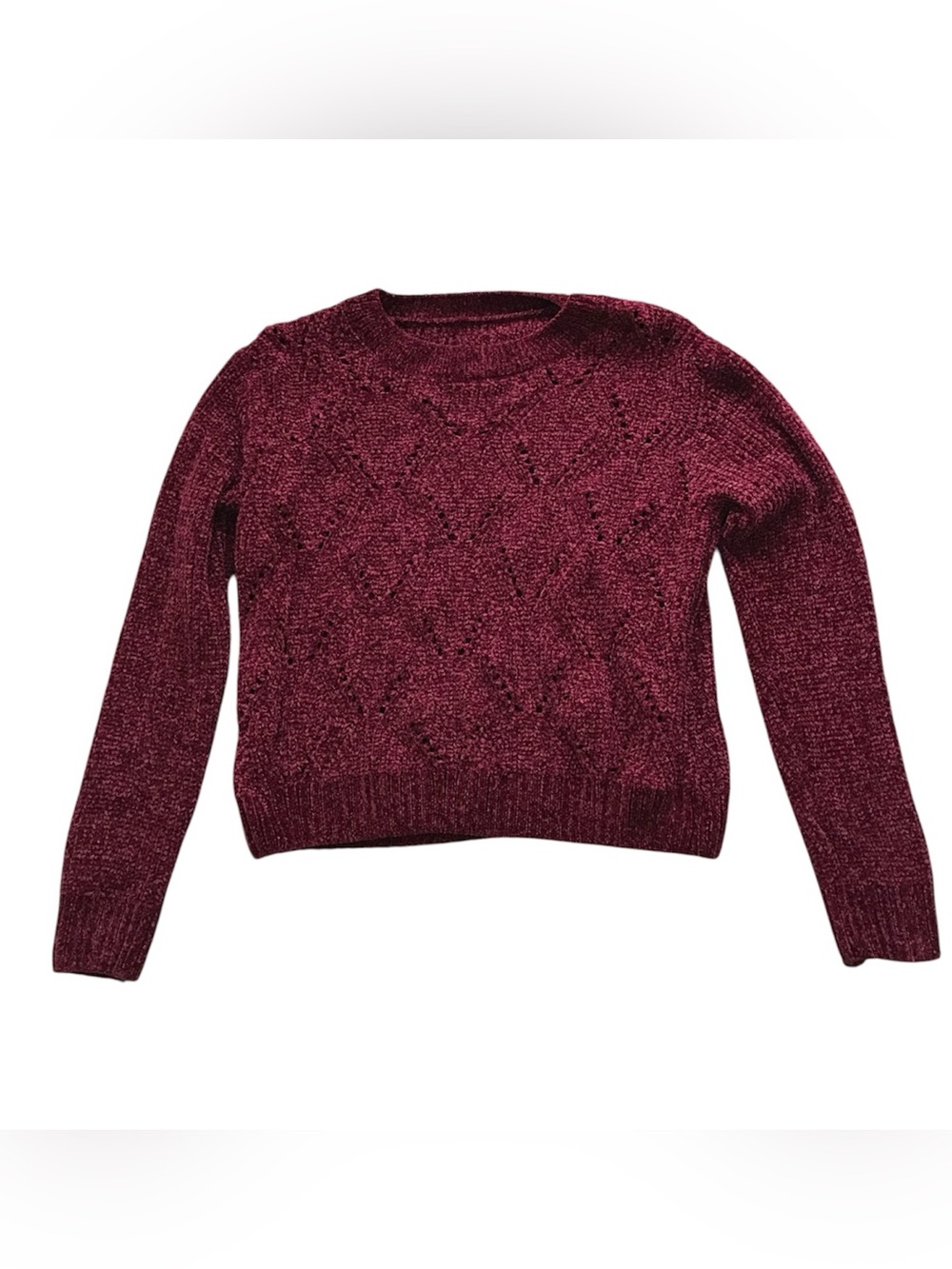 SHEIN Maroon Diamond Knit Crewneck Sweater, S